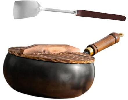 QIXCXAZ Versatile Cookware Iron Wok Fry Pan Nonstick Coating with Wooden Lid Frying Cooking and Stewing Chinese Wok is Suitable for All Types of Cooking Such
