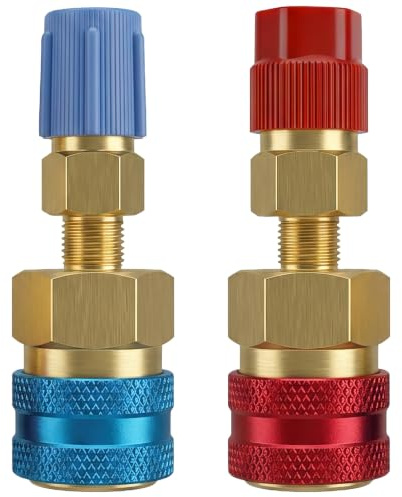 2 Piezas Adaptador R1234yf a R134a, Kit de Recarga Aire Acondicionado Coche, Acoplador Rápido de Latón Lado Alto/Bajo para Evacuación y Mantenimiento Sistema de Refrigerante CA del Automóvil
