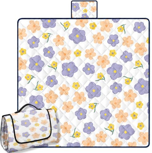 Forbabe Outdoor Picknickdecke 200x200, Blumen Campingdecke mit Tragegriff | Große Familien Picknickdecke Wasserdicht Waschbar Dicke Faltbare Stranddecke Tragbare Strandmatte für Park & Strand