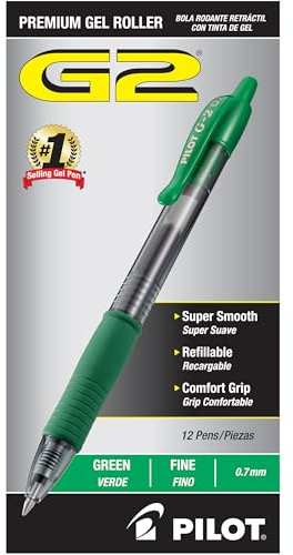 PILOT G2 Premium Gel Roller Pens, Green Ink Pens Fine Point, Pack of 12