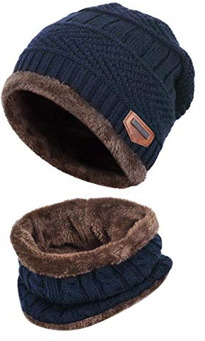 HIDARLING Kids Winter Hat Scarf Set - Warm Thermal Knitted Beanie Cap Snood Neck Warmer Outdoor Sports Soft Fleece Lining Elastic for Children Boys Girls Aged 5-10 (Navy blue)