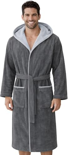 Morgenstern Bademantel Herren Kapuze 100% Baumwolle Frottee OEKO-TEX Velours Morgenmantel Lang Finn Anthrazit/Hellgrau XXL