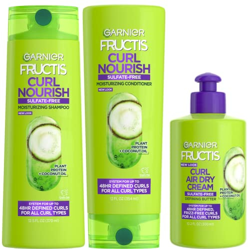Garnier Fructis Curl Nourish Moisturizing Shampoo & Conditioner Set for Curly Hair with Air Dry Cream, Up to 48 Hours of Curl Definition, Sulfate Free & Vegan, 3 Items 34.7 Fl Oz (Packaging May Vary)