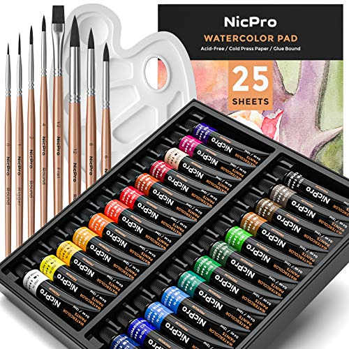 Nicpro Watercolour Paint Kit, Professional Painting Supplies Set 24 Tube Water Color Paints, 8 Synthetic Squirrel Brushes, 25 Paper Pad, Palette, Color Wheel for Artists, Beginners, Kids, Adults