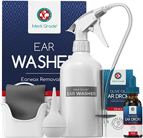 Medi Grade All-in-One Ear Wax Removal Kit with Large Capacity Bottle 300ml and Olive Oil Ear Drops 10ml - Safe Home Ear Cleaner - Reusable Ear Cleaning Kit with 2 Nozzles, 5 Tips & Ear Basin