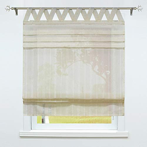SCHOAL Raffrollo mit Schlaufen Gardinen Küche Raffgardinen Landhaus Schlaufenrollo Vorhänge Leinen Halbtransparent 1 Stück BxH 100x140cm Sand