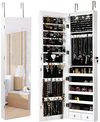 RELAX4LIFE Schmuckschrank Hängend, Spiegelschrank mit LED-Beleuchtung & Spiegel & Schloß, Schmuckorganizer für Ohrring & Armband & Kette & Ring & Kosmetik, Tür- & Wandmontage, 120x35,5x10cm (Weiß)