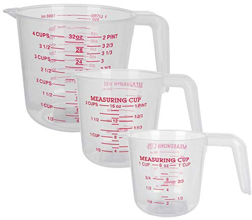 AHUNTTER 3PCS Clear Plastic Measuring Jugs Set 1L 500ml 250ml for Baking Cooking, Large 4-Cup 2-Cup Small 1-Cup Capacity, Microwave Safe BPA-Free Plastic Jugs with Handle - Clear Measurements
