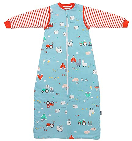 schlummersack Bio Schlafsack Baby ganzjährig 110 cm Bauernhof | Babyschlafsack mit Ärmel abnehmbar 2.5 Tog Baby Schlafsack ganzjährig | Ganzjahres Schlafsack Baby Bio Baumwolle