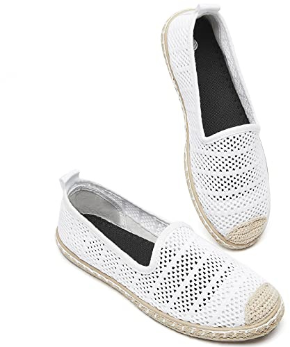BABUDOG Women's Breathable Mesh Flats Shoes, Soft Loafers Flats, White Slip on Shoes Loafers(White.US7)