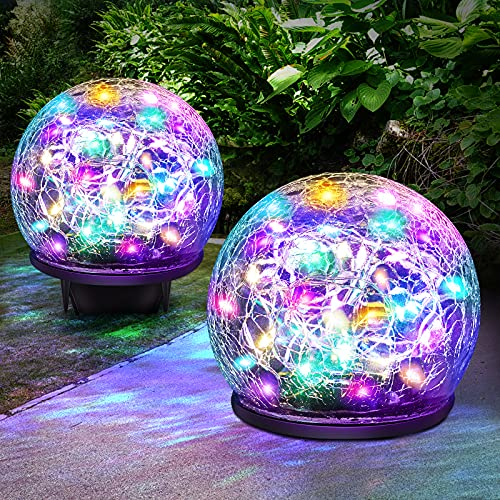 Keevvon Solar Garden Lights, 2 Pack 80 LED Colored Cracked Glass, Multicolor Outdoor Decorative Ball Lights for Yard, Pathway, Patio, Christmas, 4.73