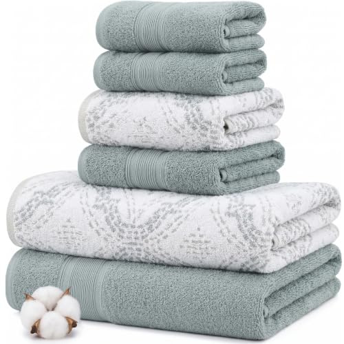 Modern Threads Capri - Juego de 6 Toallas Reversibles de Jacquard teñidas, Toallas de baño, Toallas de Mano y paños de baño, súper absorbentes y de Secado rápido, 100% algodón Peinado, Hiedra