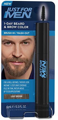 Just For Men 1-Day Beard and Brow Colour Brush, For Instant 1-Step Grey Coverage, Brush-In, Wash-Out, For A Thicker Well-Defined Look, Light Brown