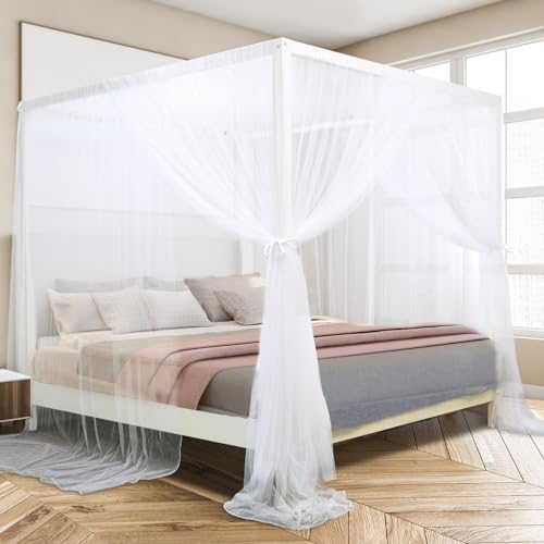 South to East White Canopy Bed Curtains, 4 Corner Post Bed Canopy for Girls & Adults, Top Luxurious Bed Drapes for Bedroom Decoration, 4 Openings, 100% Ripstop Polyester, Easy Install, King/Queen Size