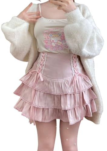 Cuteighteen Lolita Minikjol Kvinnor Byxkjolar Kawaii Lager volanger Hög midja Snörning En linje Söta kjolar för tonårsflickor, Rosa, L