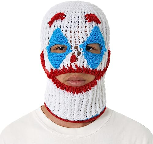 Achlibe Halloween Sturmhaube mit 3 Löchern, kreative Clown-Strickmütze, Winter, warm, Vollgesichtskappe, Skimaske, Beanie, Gesichtsmaske, A-Weiß, Rot, Blau, Einheitsgröße