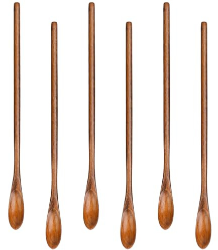 6 Pcs Small Wooden Coffee Spoons Long Handle Wooden Mixing Spoon, Mini Stirring Spoon Honey Spoons Tiny Mixing Spoon Wood Iced Tea Spoons Spoon for Mixing Coffee Tea Beverage(Shape A)