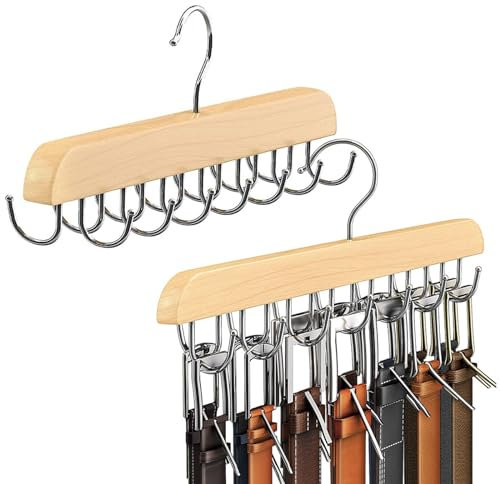 Greyoe Krawattenhalter Pack of 2, Gürtelhalter Kleiderschrank, Schalbügel, Hanging Bag Rack Multifunktionale Gürtel Krawatte Sling Hook Organizer für Krawatten, Schals, Tücher, Holzfarbe - 14 Hook