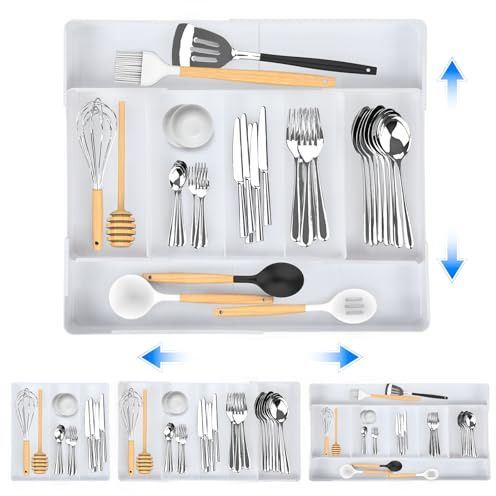 Besteckkasten für Schubladen, Erweiterbarer Besteckeinsatz Breite von 27.5cm bis 50cm, Tiefe 41 cm, 3-7 Fächer Verstellbar Kunststoff Schubladen Organizer Küche Utensilienhalter für Gabel Löffel