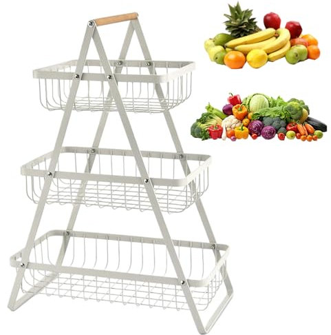 Portafrutta 3 Piani in Metallo Con Manico - Cesto Frutta Da Tavolo Staccabile Per Cucina - Mantiene Frutta e Verdura Fresca - Adatto Per Snack, Pane (Bianco)