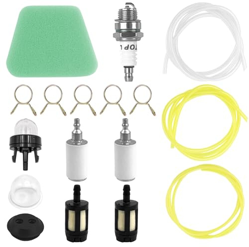 17 pcs Strimmer Fuel Pipe Kit, Universal Fuel Hose Pipe Set 1 m Petrol Strimmer Fuel Pipe, Fuel Line Hoses with Primer Bulb, Primer Pump, Tank Seal Grommet, Fuel Filter, Oil Filter for Lawnmowers