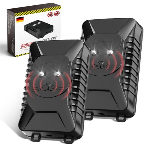 Marderschreck Auto, 2 Stück Ultraschall Marderabwehr Unterstützt USB-Laden und 4 AA-Batterien, Marderschutz mit Blitzlicht, Anschluss an 12V Autobatterie, für KFZ, Motorraum, Dachboden, Haus, Garten