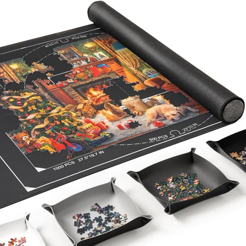 ROPODA Jigsaw Mat, Puzzle Mat for up to 1500 Pcs, Jigsaw Board with 4 Large Sorting Trays, Portable Non Slip Rubber Puzzle Roll with Storage Bag, Foldable Puzzles Saver Pad for Children Adults, Black