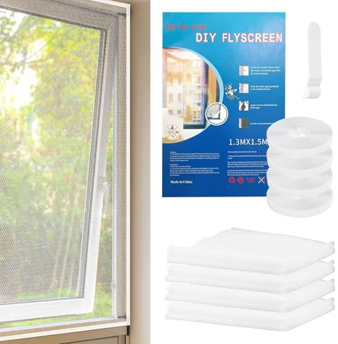 4 Stück Fliegengitter Fenster, mit selbstklebendes Klettband & Zuschneider,Insektenschutz Fenster Ohne Bohren 130x150 cm,Schützen die Familie vor Insekten (Weiß)