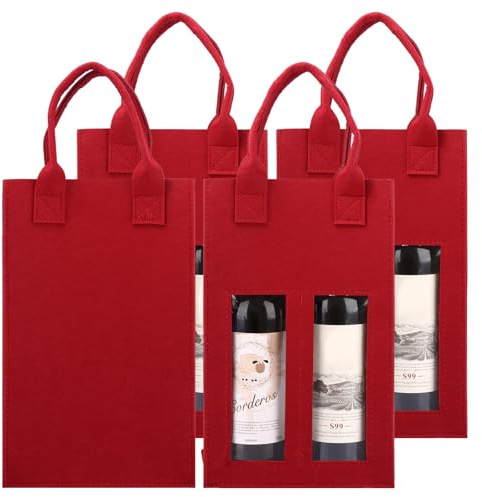 GBACHOOSE 4 Pcs Double Wine Bag with Window, Felt Bottle Gift Bag with Handle, Red Wine Bottle Bag, Reusable Wine Carrier Tote Bag for Party Favors, Travel, Wedding, Christmas