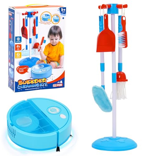Set Limpieza Juguete, Escoba y Recogedor Juguete Niños con Robot Aspirador, 6 Piezas Juego Simulación Juguetes para Niños 2 3 4 Años
