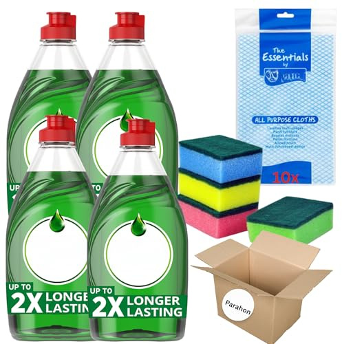 Original Washing Up Liquid 4x 320ml, 4x Sponge Scourers, 10pk Essentials All Purpose Cleaning Cloths – Long-Lasting Grease Removal – Powerful Dishwashing Liquid and Kitchen Cleaning Essentials