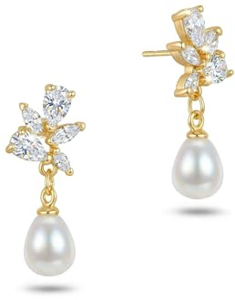 HANLI Perlen Ohrringe Damen 14K Gold Vergoldet mit Cubic Zirkonia Hängend Perlentropfen Zierliche Einfache Hochzeit Baumelnde Süße Ohrstecker für Bräute Frauen Geschenke