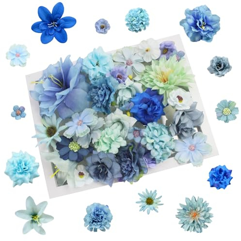 MoguGo 50 Stück Kunstblumen zum Basteln – 10 Farben Stoffblumen 2–8cm, Kunstblumen Köpfe für DIY Projekte, Mini deko Blumen künstlich für Scrapbooking, Hochzeit, Party, Home Deko (Blau)