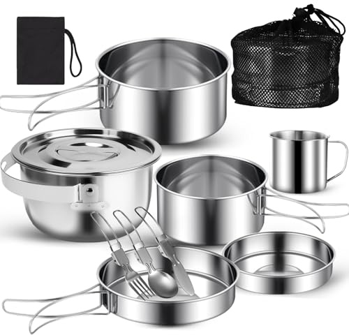 10 Pezzi Set di Pentole da Campeggio Acciaio Inox, con 1.2L Pentola da Campeggio, Padella, Posate e Tazze Inox, Set di Pentole da Esterno da Picnic Pieghevole per Campeggio, Arrampicata,Trekking