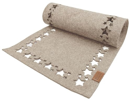 Miqio Design Filz Tischläufer Sterne | Tischläufer Winter | 150x 40cm abwaschbar | Filzläufer 0ekotex Filzstoff mit Echtleder Label | Tischdecke Weihnachten- Beige