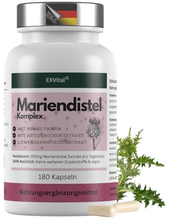 Complejo de cardo mariano con alcachofa y diente de león, 180 cápsulas, Alta concentración con un 80% de silimarina, 250 mg de extracto de cardo mariano por cápsula, apto para veganos y sin aditivos