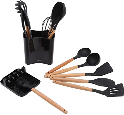 aqxreight Juego de Utensilios de Cocina para Acampar de 13 Piezas, de Madera Resistente Al Calor, Seguro, Inodoro, Negro, Kit de Utensilios de Cocina para Picnic con Estante, Caja de