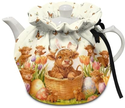 Poceacles Easter Decor Tea Pot Cover Tea Cosy for Large Teapot Kitchen Kettle Dust Cover with Cotton Pad Machine Washable, Highland Cow Easter Egg Tulip Flower Butterfly