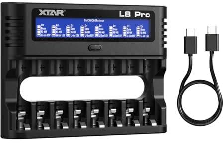 XTAR L8 Pro 8-Fach Ladegerät für AA/AAA 1,2V NiMH und 1,5V Li-Ion, USB-C Smart-Ladegerät mit LCD-Display, 8 Einzelschächte mit Refresh- und Reparaturfunktion