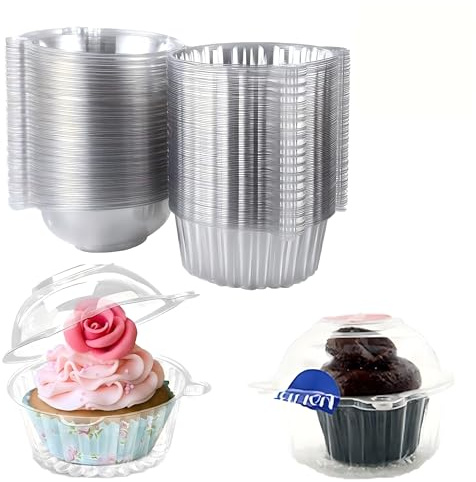 NAXDUR 100 Pack Clear Plastic Single Cupcake Boxes, Dome Lids Muffin Pods Holders, Disposable Cake Cases for Baking, Party, Wedding & Daily Use