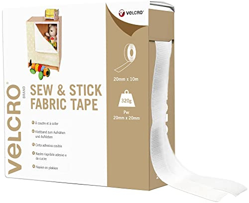 Kardborreband VEL-EC60261 märke kardborreband för sömnad och fastsättning 20 mm x 10 m rulle-vit