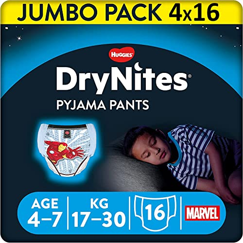 HUGGIES DryNites saugfähige Nachtwindeln bei Bettnässen, Für Jungen 4-7 Jahre (17-30 kg), 64 Stück, Jumbo Monatspackung