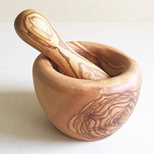 Mortero generisch masivo con mortero tamaño a elegir, mortero de cocina, de madera de olivo en mano (diámetro de 12 cm)