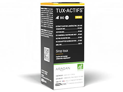 Tuxactifs Bio 12+ - Toux et Gorge Irritée - Camomille, Miel, Mauve, Plantain, Huiles Essentielles - 125 ml - 4 à 12 jours de prise - Fabriqué en France