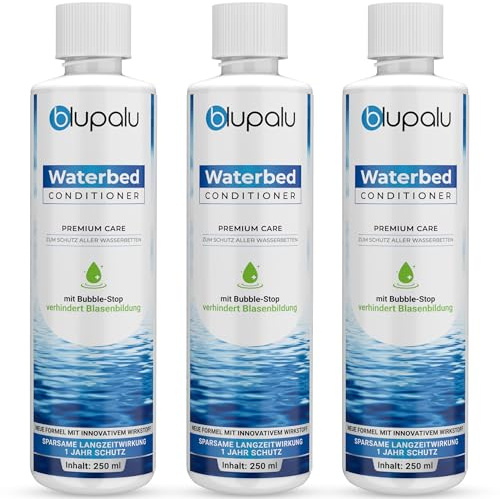 blupalu Wasserbett Conditioner Premium Care – 3x 250ml – mit Bubble Stop | Wasserbetten Konditionierer gegen Gerüche & Algen, Pflege für alle Wassermatratzen & Systeme aller bekannten Hersteller