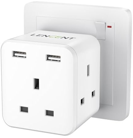 LENCENT Multi Plug Extension with 2 USB, 3 Way 3 Plugs Socket adapter, 5-in-1 Cube Electrical Extender Socket Adaptor, USB Wall Charger, 3 Pin Plug Expander for Home, Office, Kitchen, 13A 3250W