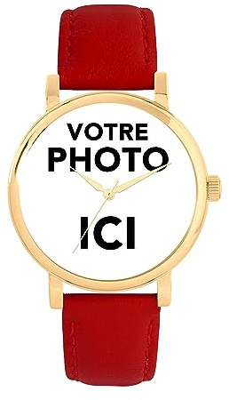 Toff London Regalos Personalizados con Foto para Mujer, Reloj con Pantalla analógica, Movimiento de Cuarzo japonés y Correa de Piel roja, Reloj Grabado a Medida