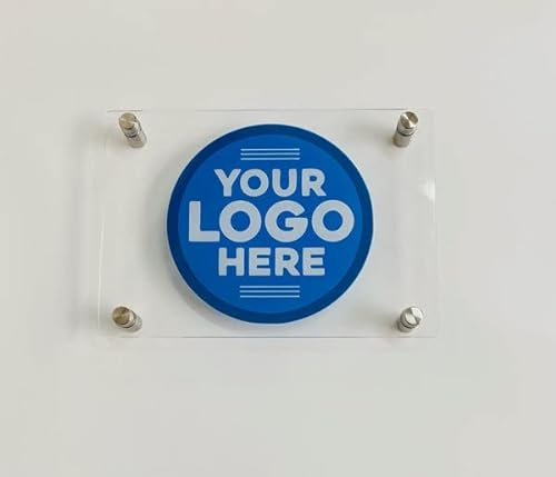 One of a Kind Design UK Personalised Acrylic Business Plaque, Stainless Steel Stand-Off Mounts, UV printed with logo, 3mm Clear Acrylic Plate, Size A5, A4, A3, UV Stable, A4