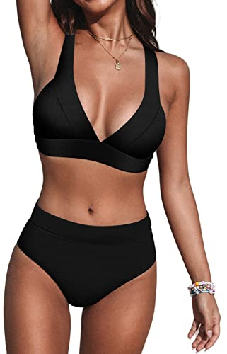 CUPSHE Damen Bikini Set V Ausschnitt High Waist Breite Träger Bademode Zweiteiliger Badeanzug Swimsuit Schwarz XL
