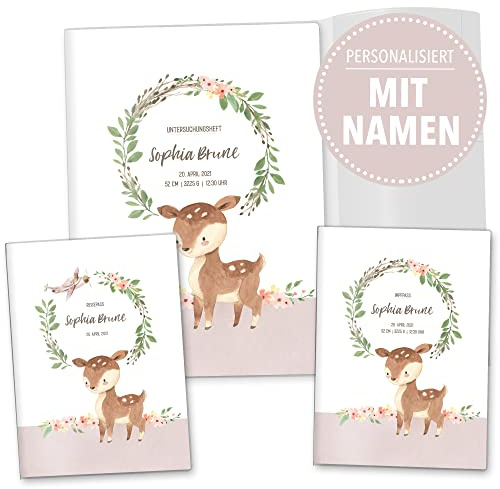 OLGS U-Hefthülle Komplett-Set 3-teilig personalisierbar Impfpasshülle & Reisepasshülle | Organizer für Untersuchungsheft, Impfpass, Reiseunterlagen für Babys und Kinder (Personalisiert, Reh)